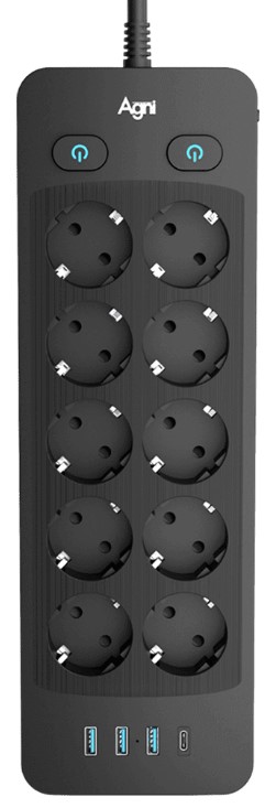 

Сетевой фильтр AGNI TP-FO4U10E-C-5m-black 10 розеток, 16А, 4000Вт, 220-250В, 5 м, 3x1,5mm2, 3*USB, Type-C, черный, TP-FO4U10E-C-5m-black