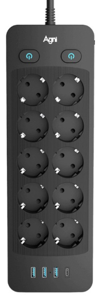 Изображение товара Сетевой фильтр AGNI TP-FO4U10E-C-5m-black с 10 розетками и USB портами