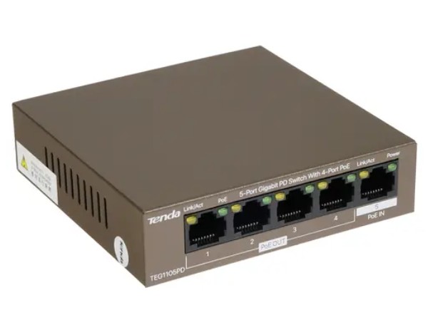 

Коммутатор неуправляемый Tenda TEG1105PD 5 портов 10/100/1000 Мбит/сек, 1 из портов PoE PD, 4 порта PoE PSE, TEG1105PD