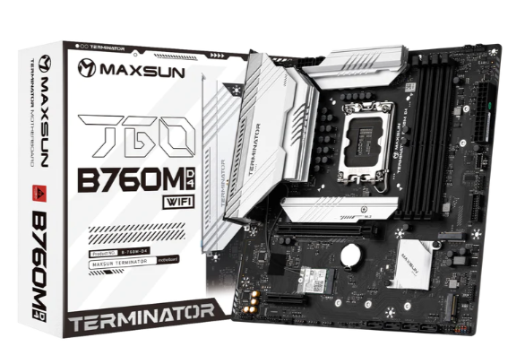 

Материнская плата mATX MAXSUN Terminator B760M D4 WIFI6E (LGA1700, B760, 4*DDR4 (5333), 4*SATA 6G RAID, 3*M.2, 2*PCIE, 2.5Glan, WiFi, BT, HDMI, DP, 2*, Terminator B760M D4 WIFI6E