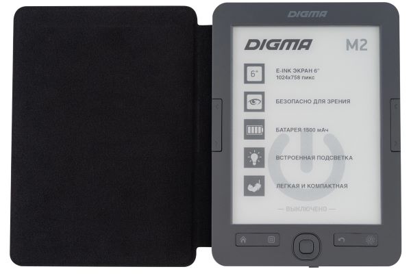 

Электронная книга Digma M2 6" E-ink HD Pearl 758x1024 600MHz 128Mb/4Gb/SD/microSDHC/подсветка дисплея темно-серый (в компл.:обложка), M2