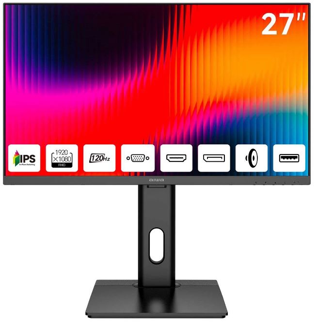 

Монитор 27" AIWA MF2711 1920x1080, 16:9, IPS, 300 cd/m, 1000:1, 4 ms, 178°/178°, 120Hz, HDMI, VGA, DP, USB, Spk, Pivot, Black, MF2711