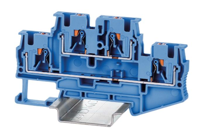 

Клемма DKC VPRTT-4-BU двухуровневая, зажим push-in, 4 точки подключения, 4 кв.мм, синяя, "Nuputuk", VPRTT-4-BU