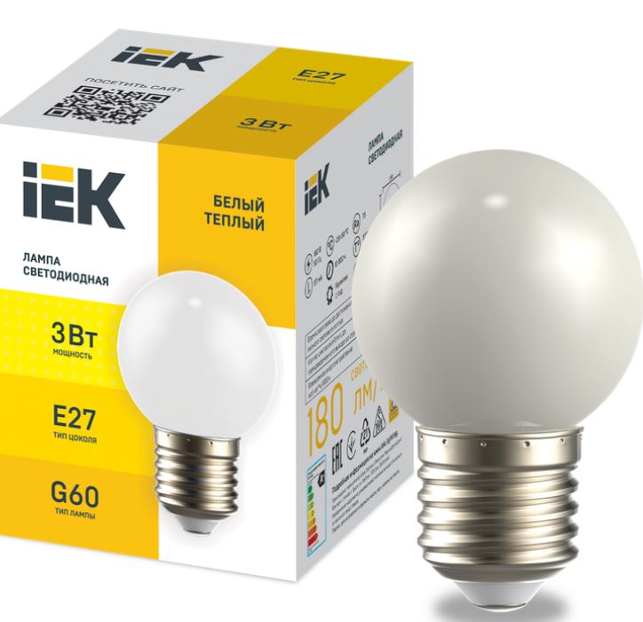

Лампа светодиодная IEK LLE-G60-3-230-WW-E27 декоративная G60 шар 3Вт 230В теплый белый E27, LLE-G60-3-230-WW-E27