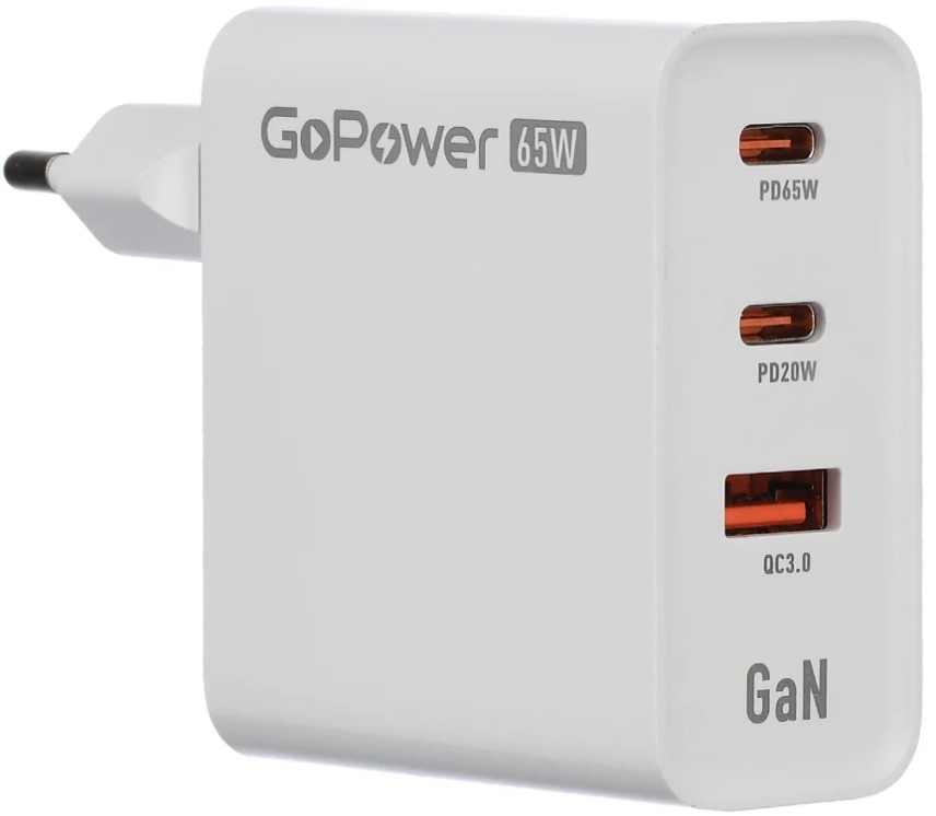 

Зарядное устройство сетевое GoPower GPQC10 00-00028405 1USB+2Type-C 65W QC3.0 GAN белый (1000773528), GPQC10