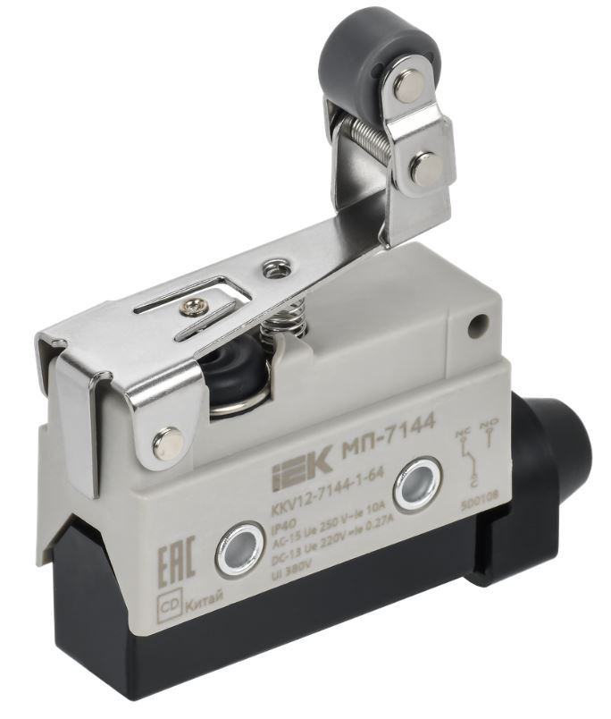 

Микропереключатель концевой IEK KKV12-7144-1-64 МП-7144 укороченный рычаг с регулируемым роликом IP40, KKV12-7144-1-64