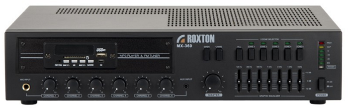 

Усилитель Roxton MX-360 комбинированный 360 Вт, 3 микр.+ 3 унив. входа, 5 зон, работа с RM-05, MX-360