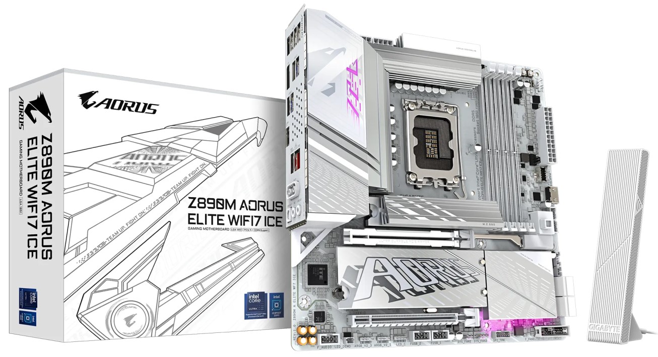 

Материнская плата mATX GIGABYTE Z890M AORUS ELITE WIFI7 ICE (LGA1700, Z890, 4*DDR5 (5600), 4*SATA 6G RAID, 3*M.2, WiFi, BT, 5*USB 3.2, 4*USB 2.0, USB, Z890M AORUS ELITE WIFI7 ICE