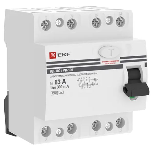 

УЗО EKF elcb-4-63-300-em-pro ВД-100 4P 63А 300мА тип АС электромеханический 4,5кА PROXIMA, elcb-4-63-300-em-pro