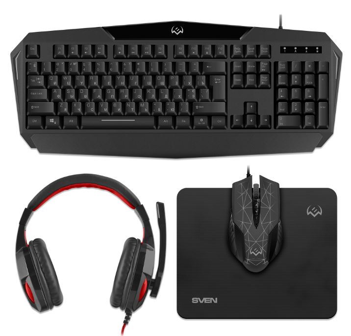 

Клавиатура и мышь Sven GS-4300 SV-018382 игровые, + гарнитура + коврик (104 кл.+12Fn, 8 смен. кл., 200-4800DPI), GS-4300