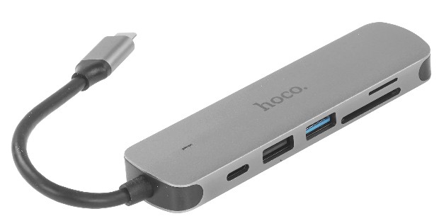 

Док-станция Hoco HB28 6931474769336 Type-C 6в1: USB3.0, PD100W, SD/TF, USB2.0, HDMI, кабель 13см, алюминий, HB28