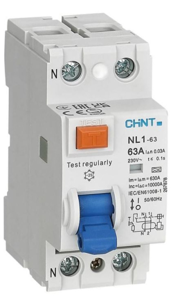 Изображение товара УЗО CHINT 200215 серия NL1 2 полюса защита от утечки 25 мА 400 В