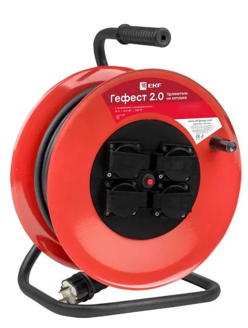 

Удлинитель на катушке EKF UKG02-16-R325-4-40-IP44 "Гефест 2.0" 4 гнезда 40м с заземлением и предохранителем КГ 3*2,5 16А/3,5кВт IP44 PROxima, UKG02-16-R325-4-40-IP44
