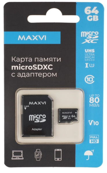 Изображение товара Карта памяти MicroSDXC 64GB MAXVI MSD64GBC10V10 с адаптером быстрое чтение и запись