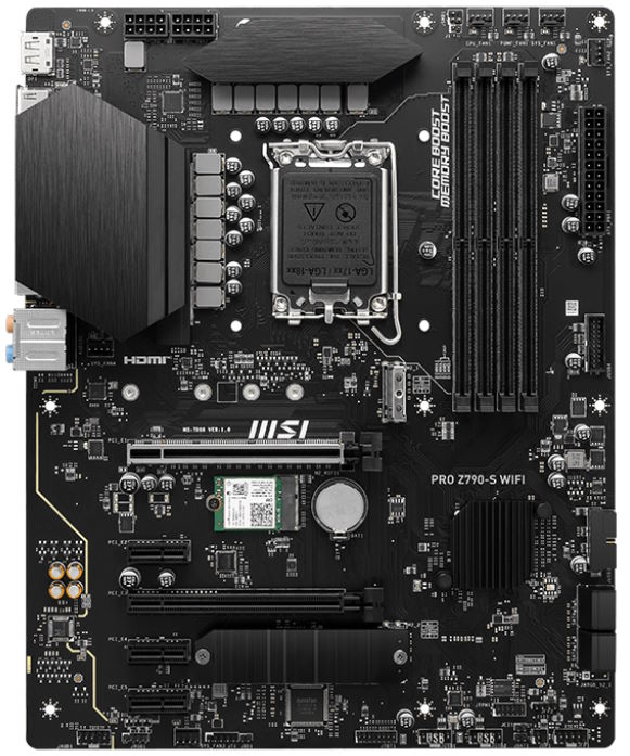 

Материнская плата ATX MSI PRO Z790-S WIFI (LGA1700, Z790, 4*DDR5 (6600), 4*SATA 6G RAID, 2*M.2, 5*PCIE, 2.5Glan, WiFi, BT, HDMI, DP, USB Type-C, 4*USB, PRO Z790-S WIFI