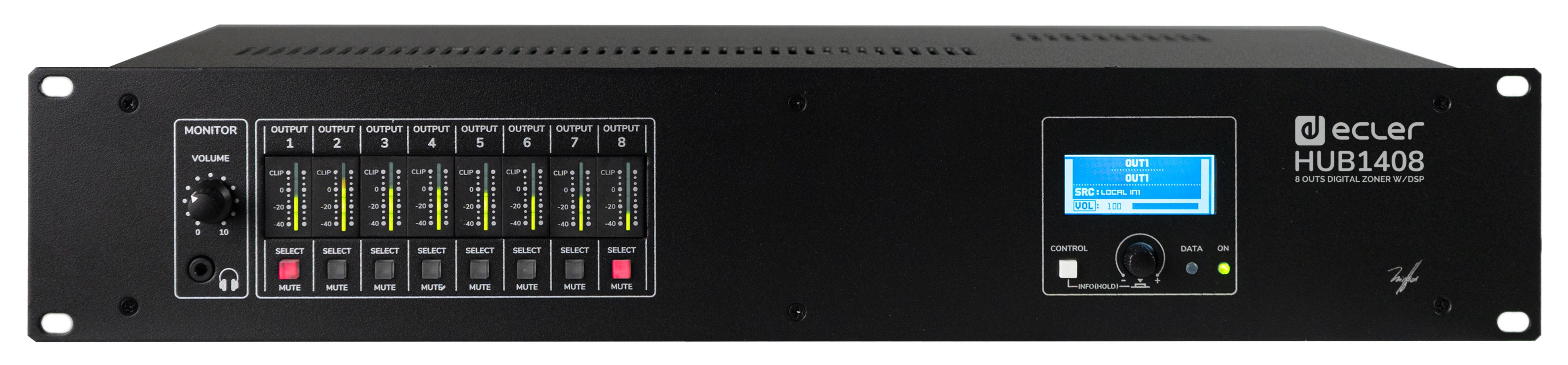 

Матрица Ecler HUB1408 цифровая аудиосигналов, DSP-аудиопроцессор серии HUB с пейджингом, 14х8 входов/выходов, HUB1408