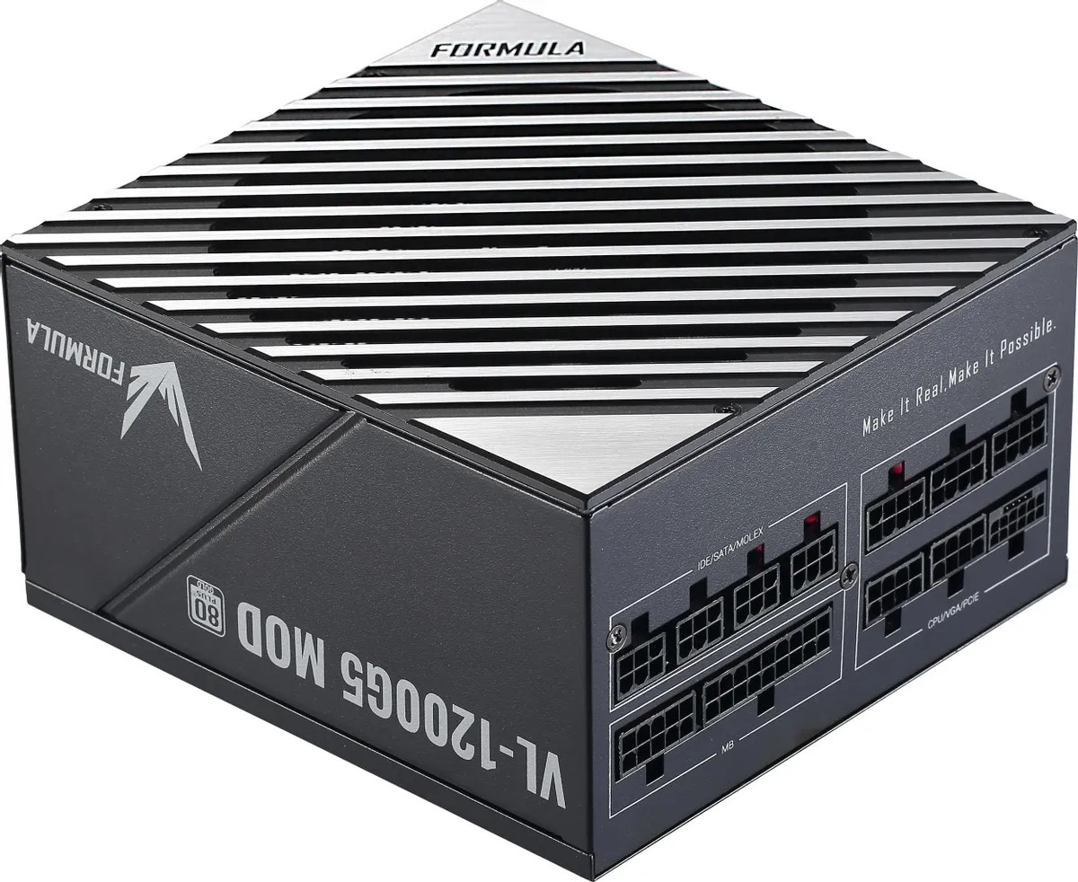 

Блок питания ATX FORMULA VL-1200G5 MOD 1200W, APFC, 80+ gold, 140mm fan, cable management, lt.blue RTL, VL-1200G5 MOD