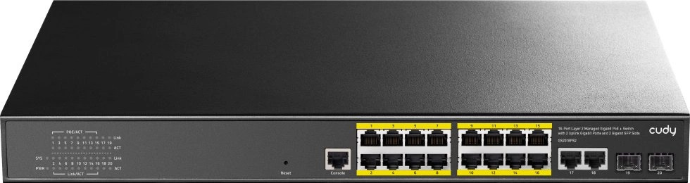 

Коммутатор управляемый Cudy GS2018PS2-200W Layer 2 18 Ports 10/100/1000M PoE,1-16 Port support POE(802.3at/af) ,with 2 Uplink Gigabit ports + 2 Gigabi, GS2018PS2-200W