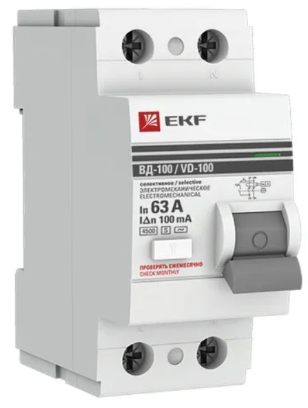 

УЗО EKF elcb-2-63-100S-em-pro ВД-100 2P (S) 63А 100мА тип АС электромеханический 4,5кА селективный PROXIMA, elcb-2-63-100S-em-pro
