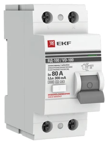 

УЗО EKF elcb-2-80-300S-em-pro ВД-100 2P (S) 80А 300мА тип АС электромеханический 4,5кА селективный PROXIMA, elcb-2-80-300S-em-pro