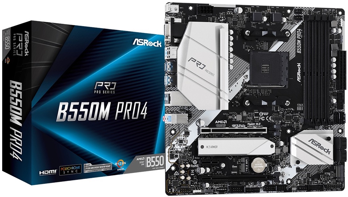 

Материнская плата mATX ASRock B550M PRO4 (AM4, AMD B550, 4*DDR4(4733+), 6*SATA 6G RAID, 2*M.2, 3*PCIE, 7.1CH, Glan ,9*USB 3.2/USB Type-C, D-SUB/HDMI/D, B550M PRO4