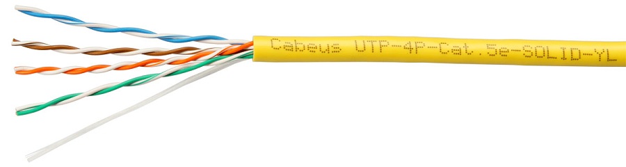 

Кабель витая пара U/UTP 5e кат. 4 пары Cabeus UTP-4P-Cat.5e-SOLID-YL 24AWG(0.51 мм), медь, одножильный (solid), внутренний, PVC, нг(A)-LS, жёлтый, уп/, UTP-4P-Cat.5e-SOLID-YL