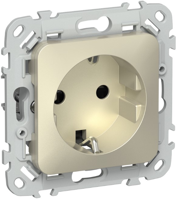 

Розетка с заземлением IEK FI-R14-16-1-K37 FLITE с защитными шторками безвинтовое крепление 16А РСш11-1-ФлШ шампань, FI-R14-16-1-K37