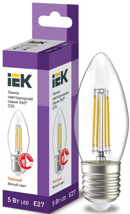 

Лампа светодиодная IEK LLF-C35-5-230-30-E27-CL филаментная C35 свеча прозрачная 5Вт 230В 3000К E27 серия 360°, LLF-C35-5-230-30-E27-CL