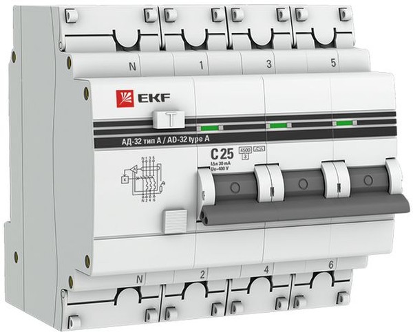 

Автомат дифференциальный EKF DA32-25-30-4P-a-pro АД-32 3P+N 25А (С) 30мА тип (А) эл. 4,5кА PROxima, DA32-25-30-4P-a-pro