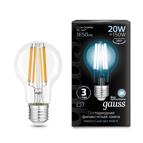 

Лампа светодиодная Gauss 102902220 Filament 20Вт цок.:E27 груша 220B 4100K св.свеч.бел.нейт. (1шт), 102902220