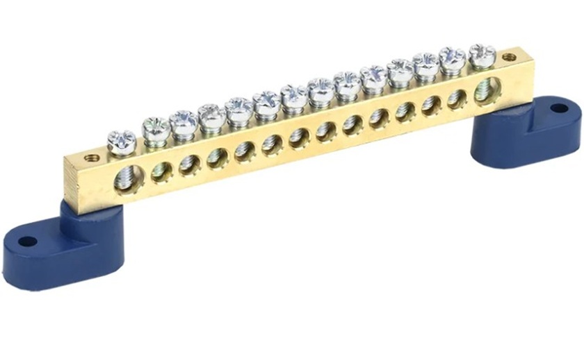 

Шина Rexant 11-2336 «N» нулевая 8х12 мм на двух угловых синих изоляторах 14 групп, 11-2336