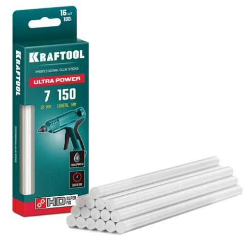 Изображение товара Клеевые стержни Kraftool Ultra Power 7 мм 150 мм 16 шт для термопистолета прозрачные