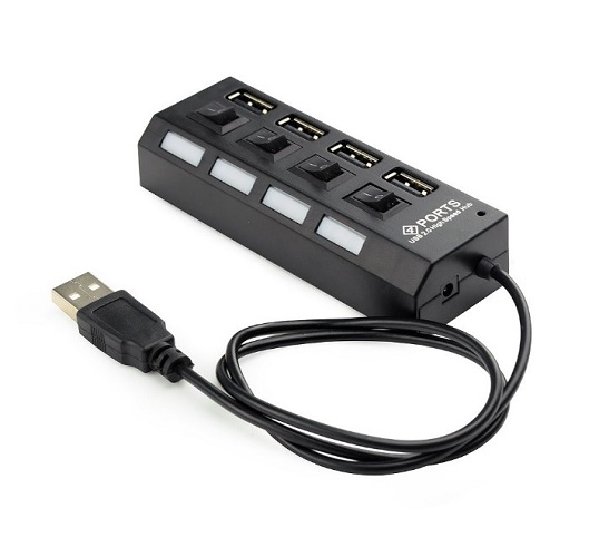 

Разветвитель USB 2.0 Gembird UHB-U2P4-02A 4хUSB, блок питания 2А, подсветка и выкл, кабель USB 55см, черный, UHB-U2P4-02A