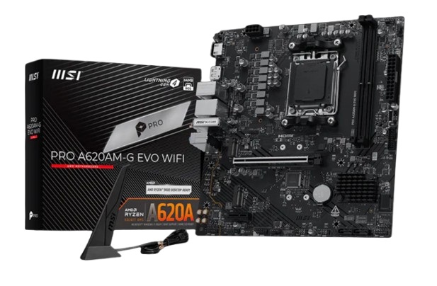 

Материнская плата mATX MSI PRO A620AM-G EVO WIFI (AM5, AMD A620A, 2*DDR5, PCIe, 2*M.2, 4*SATA, WiFi, BT, 2*USB 2.0, 4*USB 3.2, HDMI, DP), PRO A620AM-G EVO WIFI