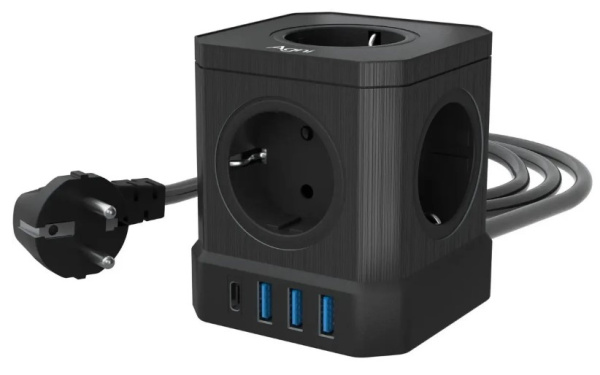 Изображение товара Сетевой фильтр AGNI TP‑VE4U5E‑C‑W‑3m‑black с беспроводной зарядкой USB Type‑C