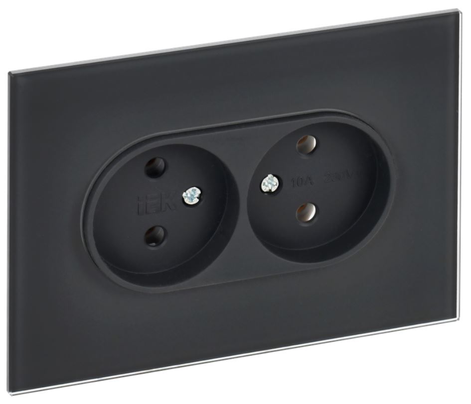 

Розетка двухместная без заземления IEK SK-R20-10-K53 SKANDY без защитных шторок Стекло 10А SK-R03G Графит, SK-R20-10-K53
