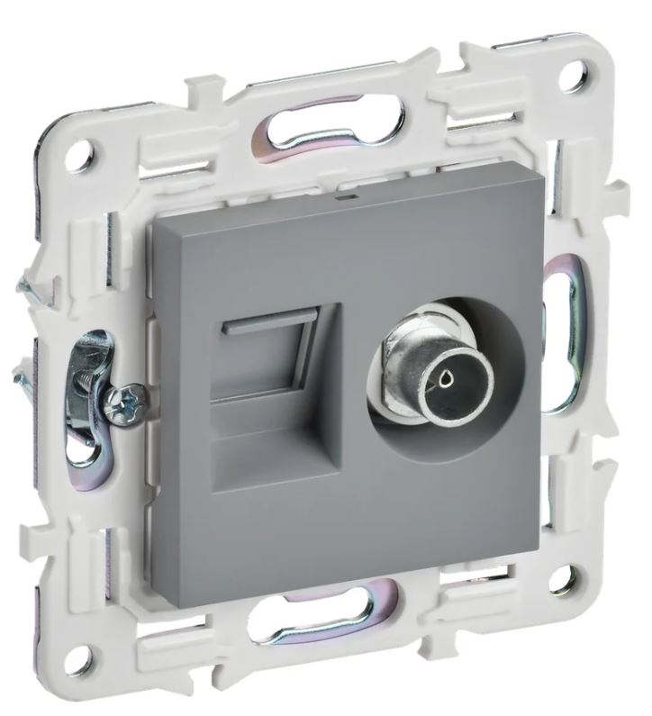 

Розетка комбинированная IEK SK-AK20-2-K03 SKANDY TV+RJ45 кат.6 SK-A15Gr серая, SK-AK20-2-K03
