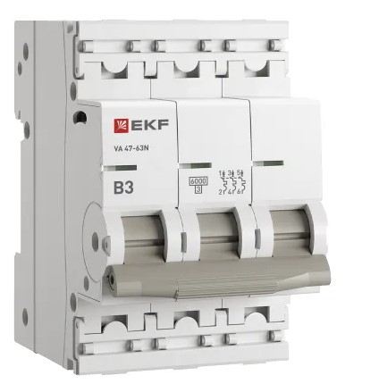 

Автоматический выключатель EKF M636303B 3P 3А (B) 6кА ВА 47-63N PROxima, M636303B