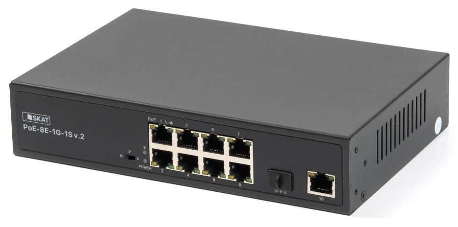 

Коммутатор Бастион SKAT PoE-8E-1G-1S v.2 PoE Plus, мощность 150Вт, порты: 8-Ethernet, 1-Uplink, 1-SFP, SKAT PoE-8E-1G-1S v.2