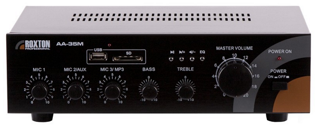

Усилитель Roxton AA-35M трансляционный mp3, WMA с разъемами для установки USB/SD/MMC-карт. 35 Вт, USB-проигрыватель, 3 микр./2 лин. входа, AA-35M