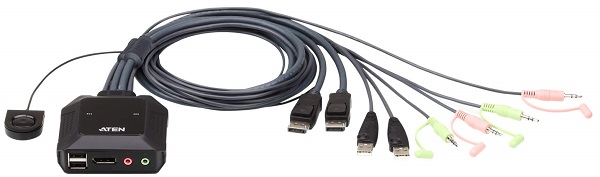 

Переключатель KVM Aten CS22DP-AT 2-портовый, USB, DisplayPort, кабельный с пультом удаленного переключения порта, CS22DP-AT