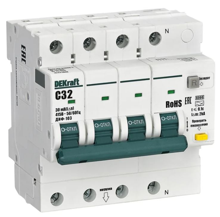 

Автомат дифференциальный DEKraft 16431DEK (АВДТ) 3P+N 32А 30мА A х-ка C ДИФ-103 6кА, 16431DEK
