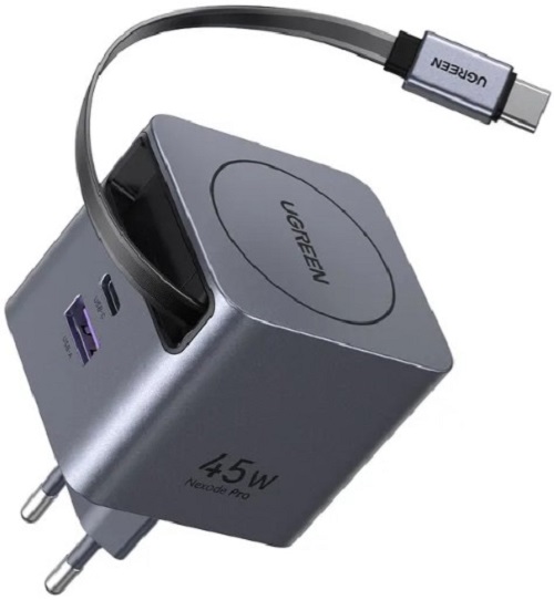 

Зарядное устройство сетевое UGREEN X614 65822_ с выдвижным кабелем 45W GaN Fast Charger USB-C&USB-A with Retractable Cable USB-C. Цвет: серый космос, X614