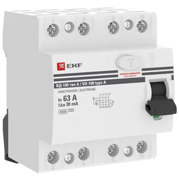 

УЗО EKF elcb-4-63-30-e-a-pro ВД-100 4P 63А 30мА тип А электронный 4,5кА PROXIMA, elcb-4-63-30-e-a-pro