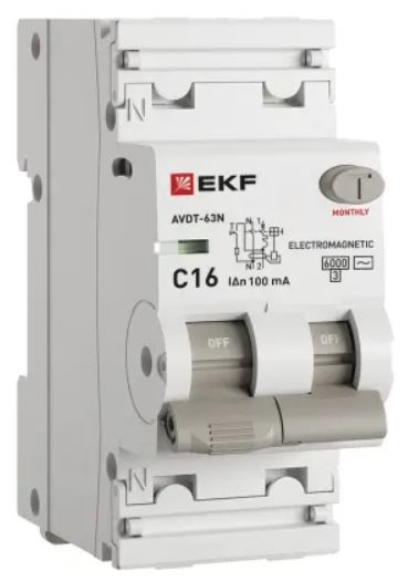 

Автомат дифференциальный EKF D63N26M16C100 АВДТ-63N 1P+N 16А (C) 100мА (AC) эл-мех 6кА PROXIMA, D63N26M16C100