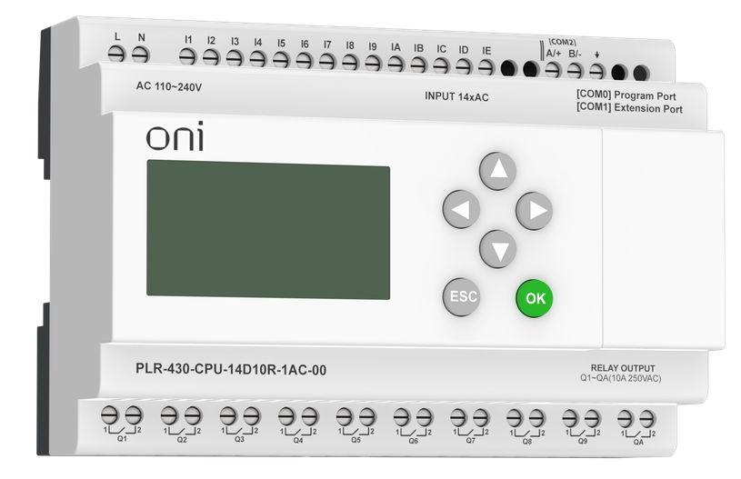 

Модуль ONI PLR-430-CPU-14D10R-1AC-00 ПЛК 430 ЦПУ 14 DI 10 RO 220В AC с экраном, PLR-430-CPU-14D10R-1AC-00