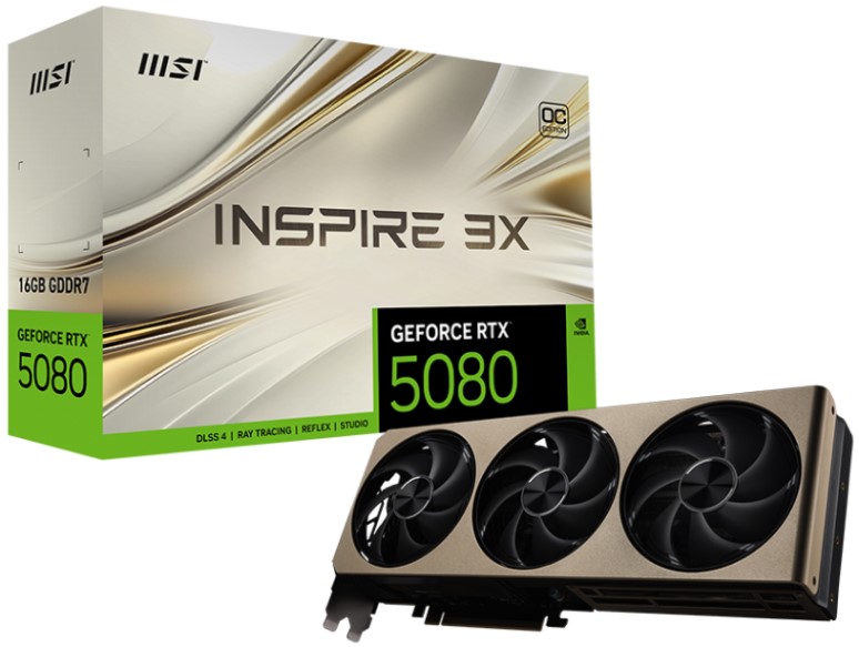

Видеокарта PCI-E MSI GeForce RTX 5080 INSPIRE 3X (RTX 5080 16G INSPIRE 3X) 16GB GDDR7 256bit 2625/30000MHz 3*DP HDMI, GeForce RTX 5080 INSPIRE 3X (RTX 5080 16G INSPIRE 3X)