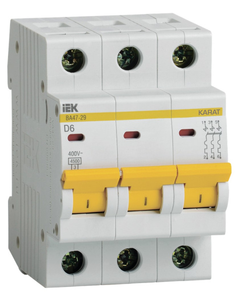 Изображение товара Автоматический выключатель IEK MVA20-3-006-D для защиты цепей 6 А и 400 В