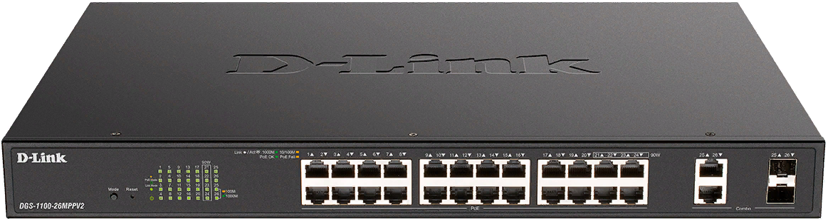 

Коммутатор управляемый D-link DGS-1100-26MPPV2/A3A 24x10/100/1000Base-T PoE,2xCOMBO 1000Base-T/SFP (порты 1-24 PoE 802.3af/at, порты 21-24 PoE 802.3bt, DGS-1100-26MPPV2/A3A