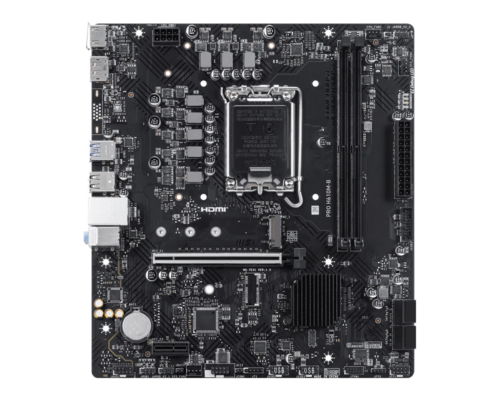 

Материнская плата mATX MSI PRO H610M-B (LGA1700, H610, 2*DDR5, PCIe, M.2, 4*SATA, 8*USB 2.0, HDMI, DP), PRO H610M-B
